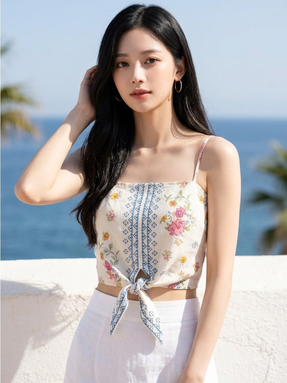 Rachel Zoe Cropped Cream Floral Tie-Front Camisole Top Blue Printed Embroidery-M